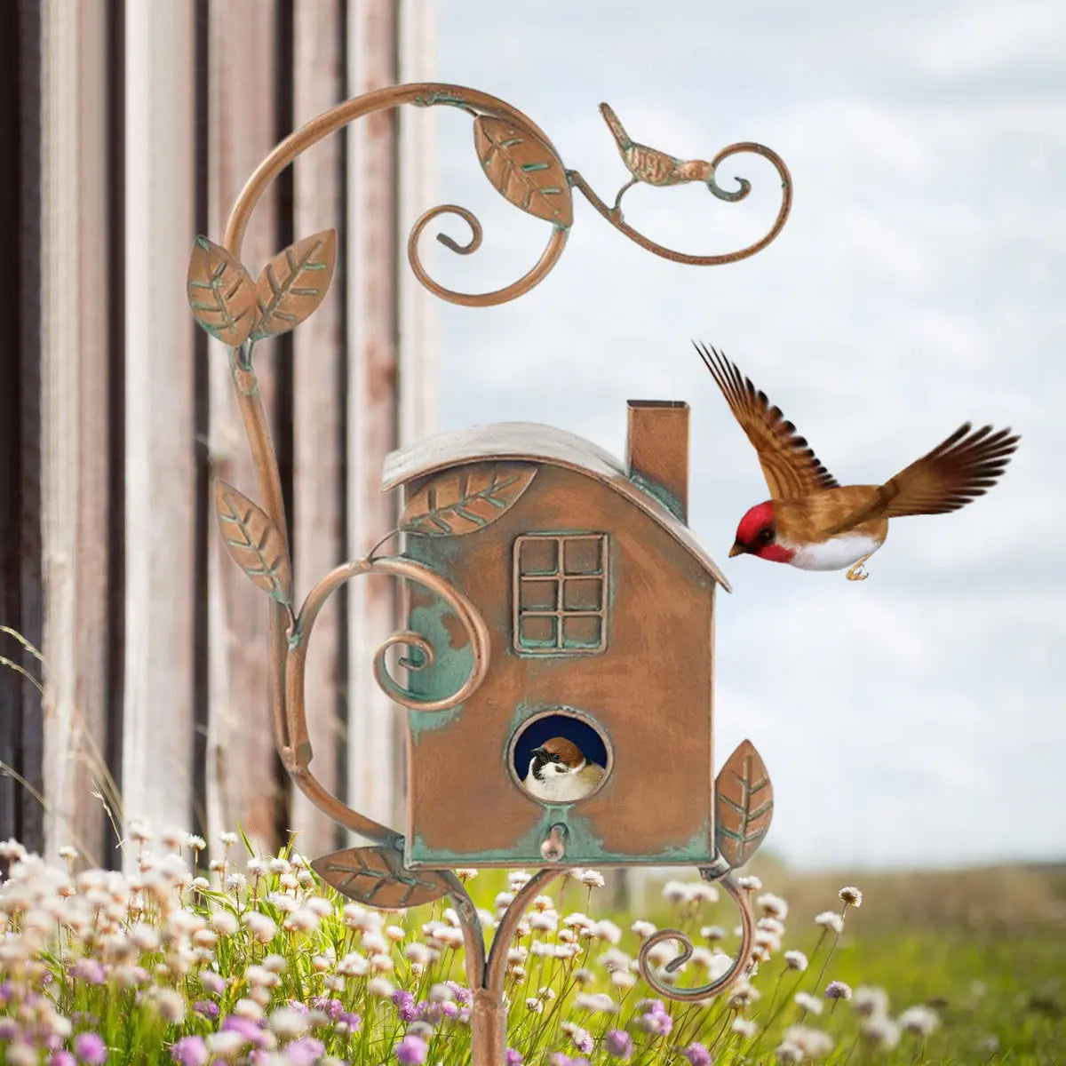 Vogelhaus-Gartenstab aus Metall im Vintage-Stil