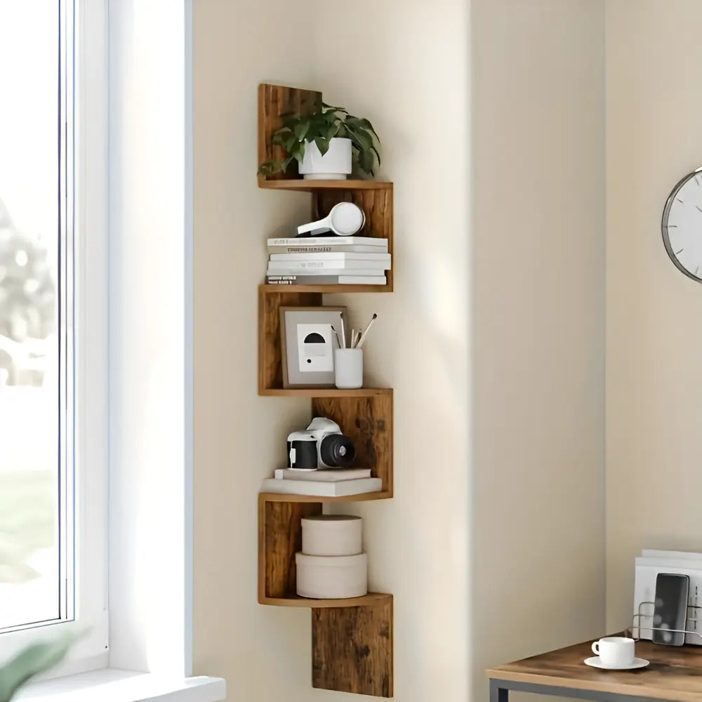 Eckregal aus Holz – 5 Ebenen im Zickzack-Design