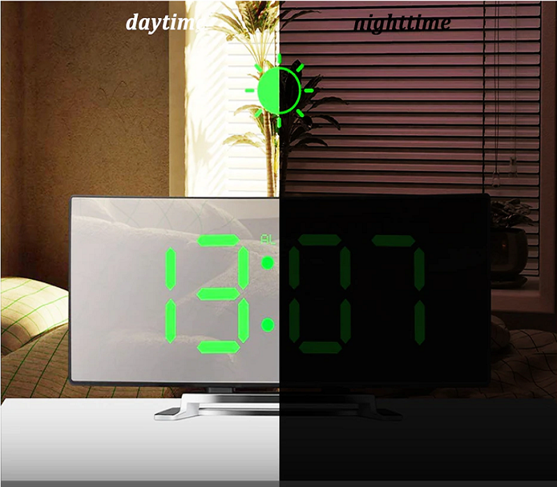 LED-Wecker mit gebogenem Spiegeldisplay und Temperaturanzeige