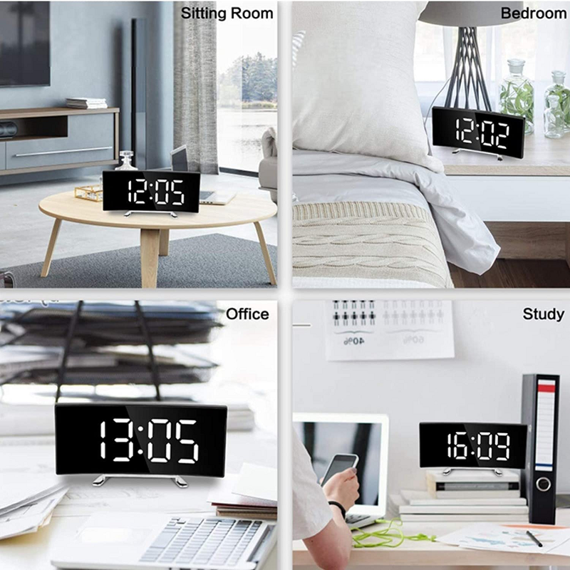 LED-Wecker mit gebogenem Spiegeldisplay und Temperaturanzeige