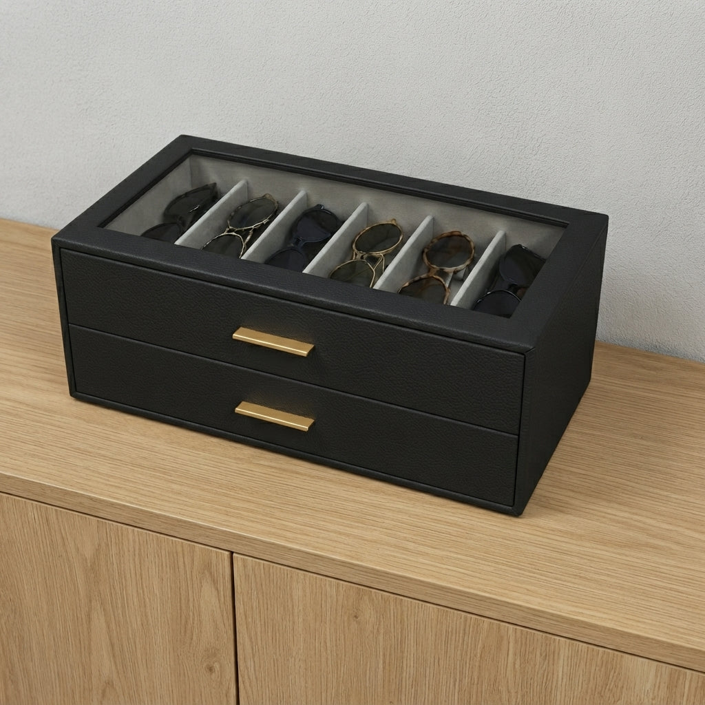 Sonnenbrillen-Organizer PU-Leder mit Glasdeckel