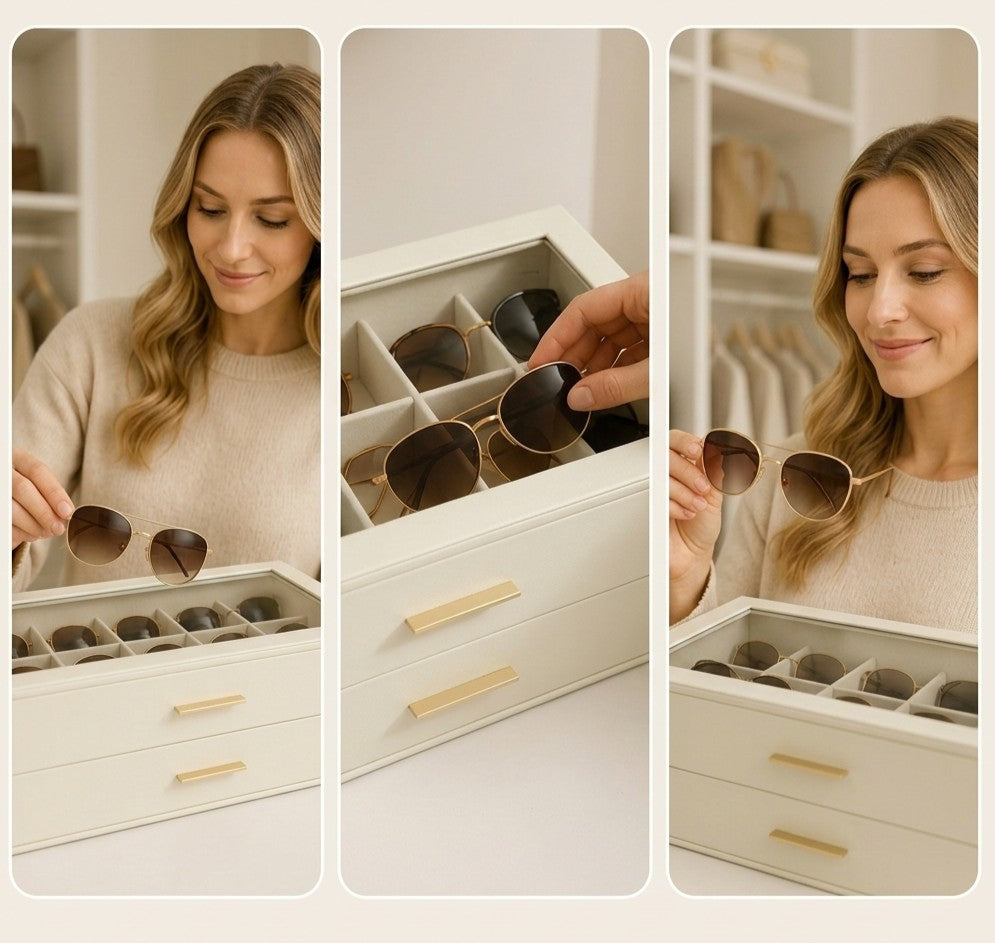Sonnenbrillen-Organizer PU-Leder mit Glasdeckel