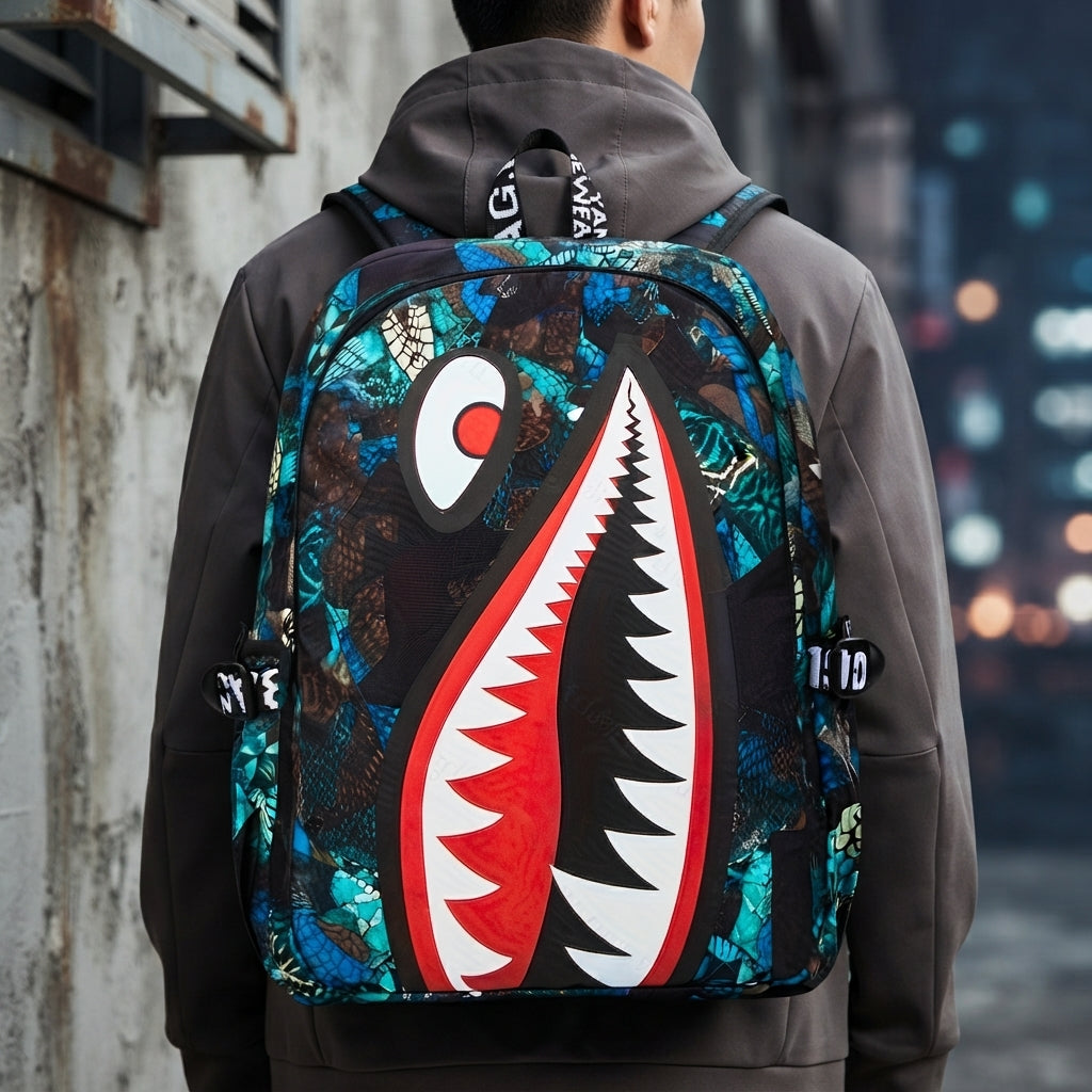 Kinder-Rucksack mit Hai-Motiv und USB-Anschluss
