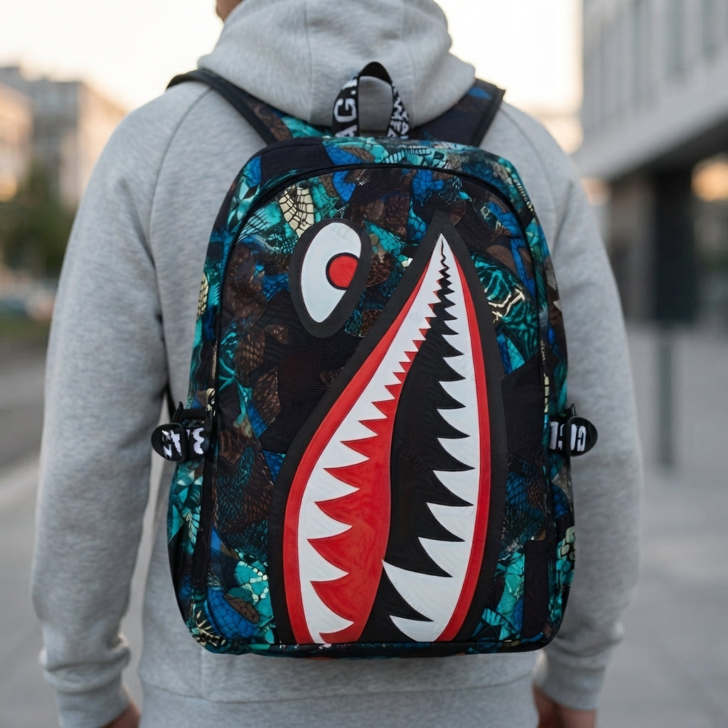 Kinder-Rucksack mit Hai-Motiv und USB-Anschluss