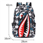 Kinder-Rucksack mit Hai-Motiv und USB-Anschluss