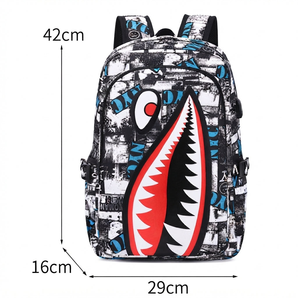 Kinder-Rucksack mit Hai-Motiv und USB-Anschluss