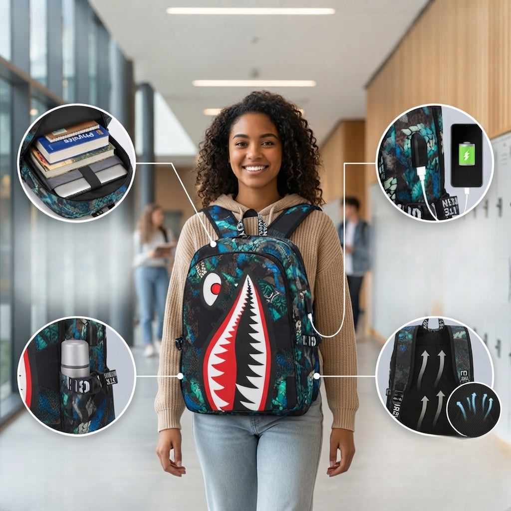 Kinder-Rucksack mit Hai-Motiv und USB-Anschluss