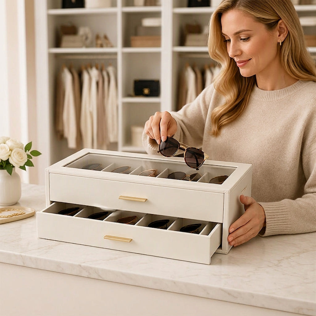 Sonnenbrillen-Organizer PU-Leder mit Glasdeckel