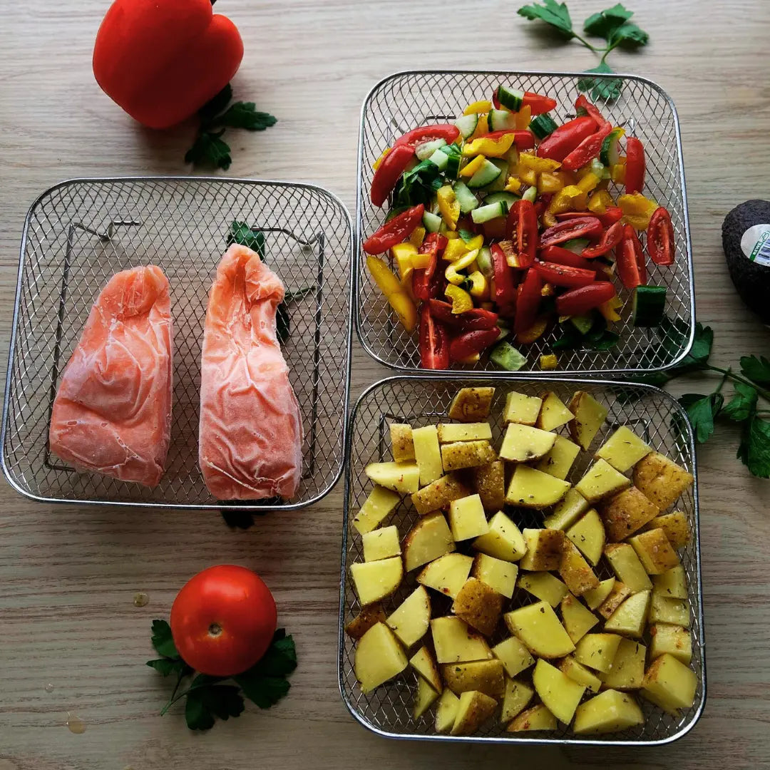 Mehrschichtige Körbe für Heißluftfritteusen mit 2 kostenlosen hitzebeständigen Zangen