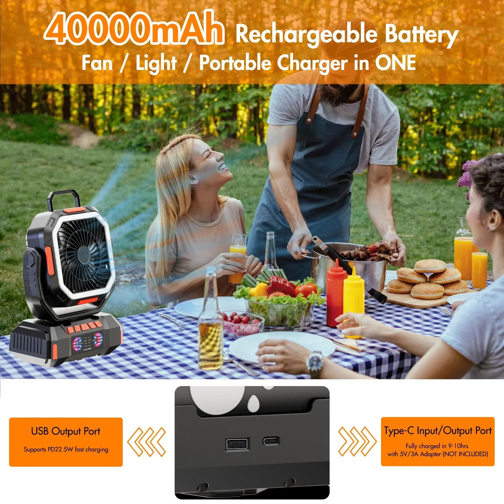 Camping-Ventilator mit 40000mAh Akku und LED-Beleuchtung