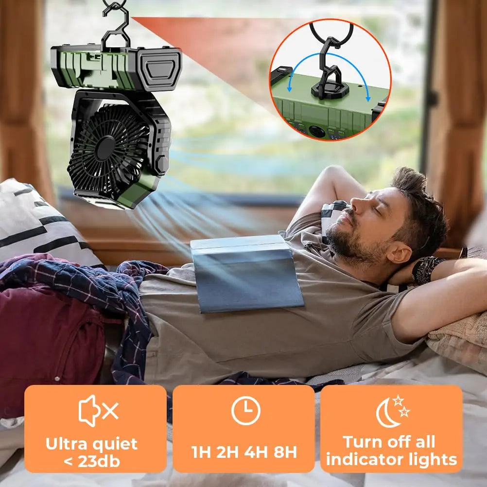 Camping-Ventilator mit 20.000mAh Akku und LED-Beleuchtung