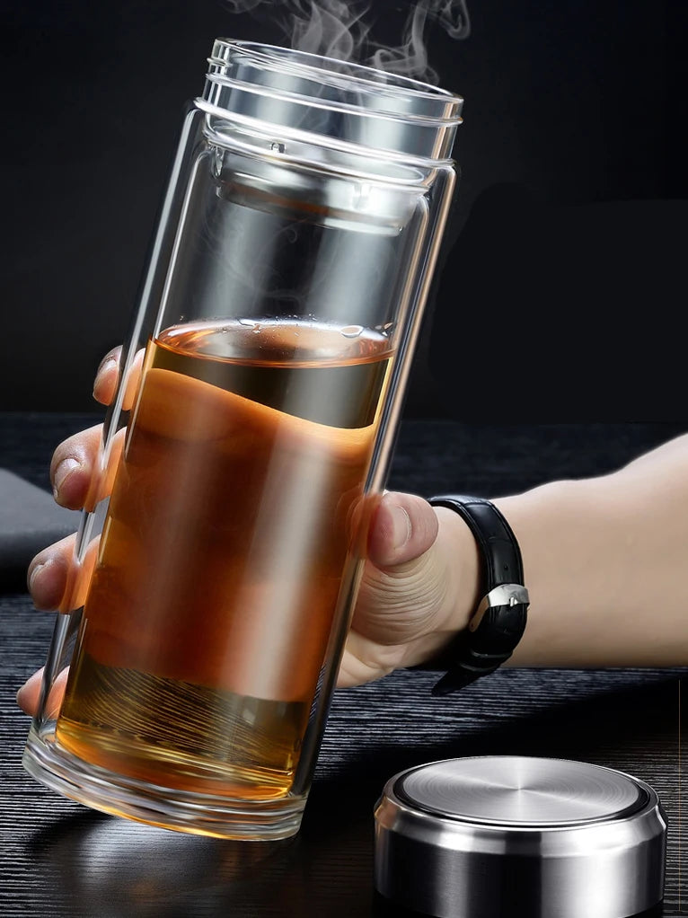 Glas-Teeflasche mit Edelstahl-Teesieb – doppelwandig