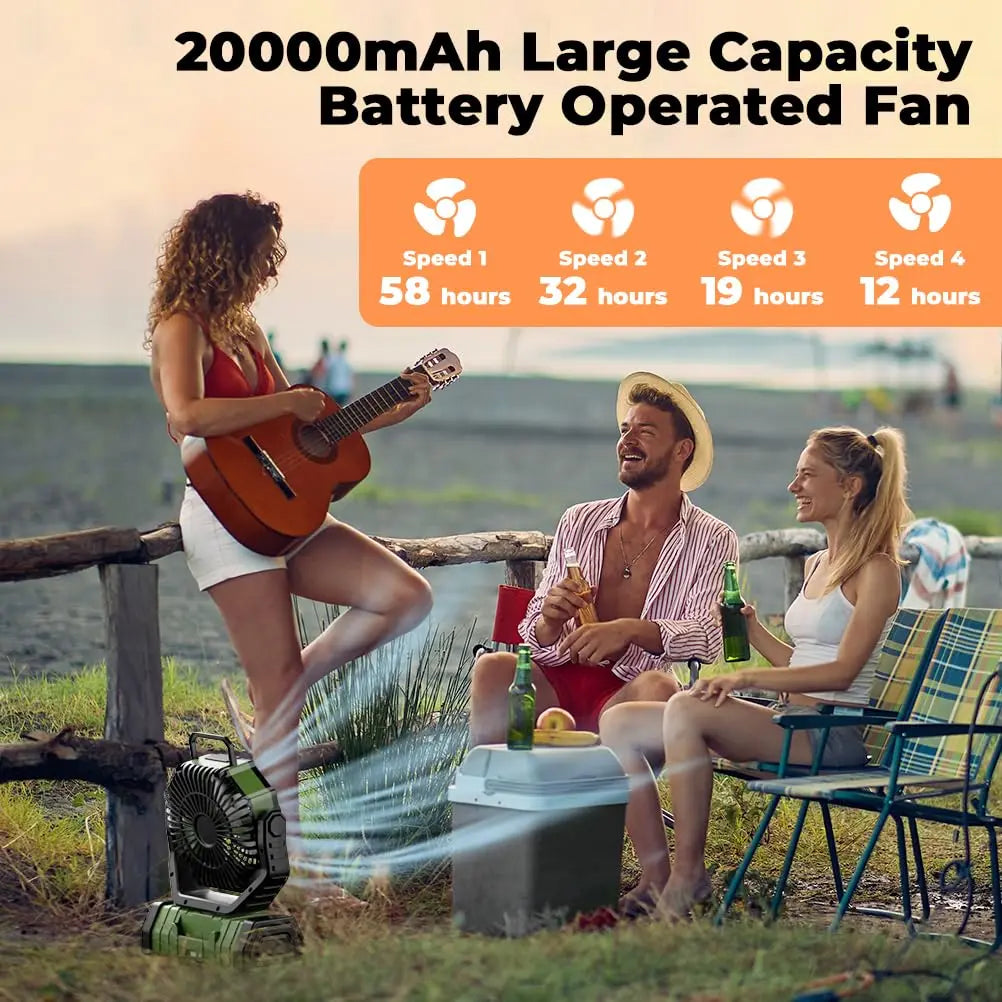 Camping-Ventilator mit 20.000mAh Akku und LED-Beleuchtung