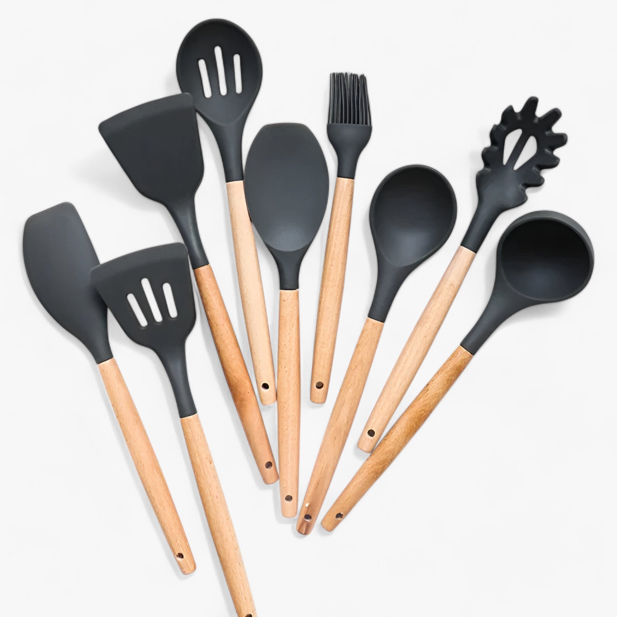 Küchenhelfer-Set aus Silikon mit Holzgriffen — 12-teilig