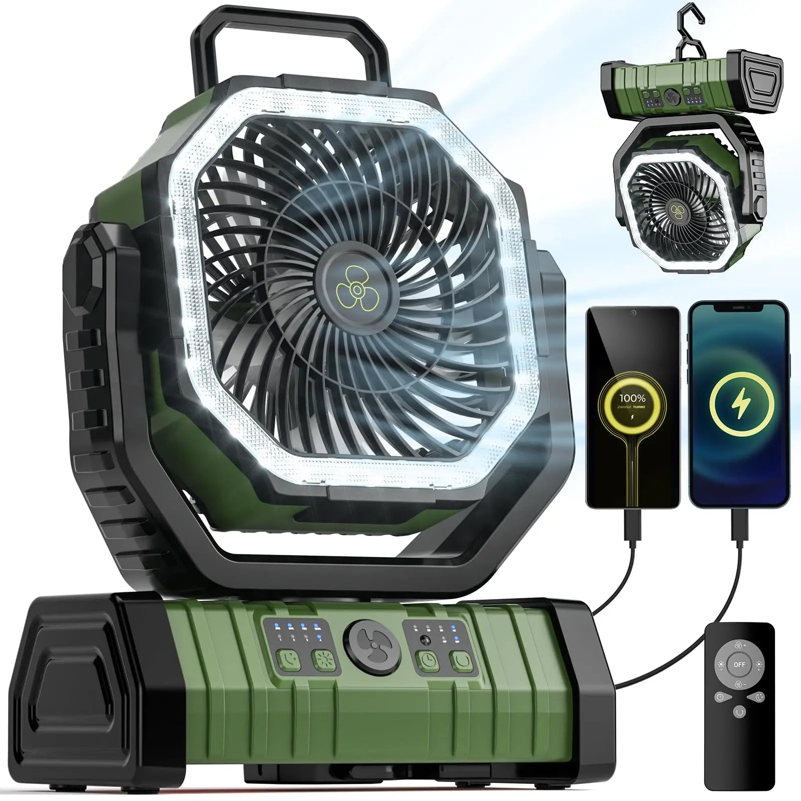 Camping-Ventilator mit 20.000mAh Akku und LED-Beleuchtung