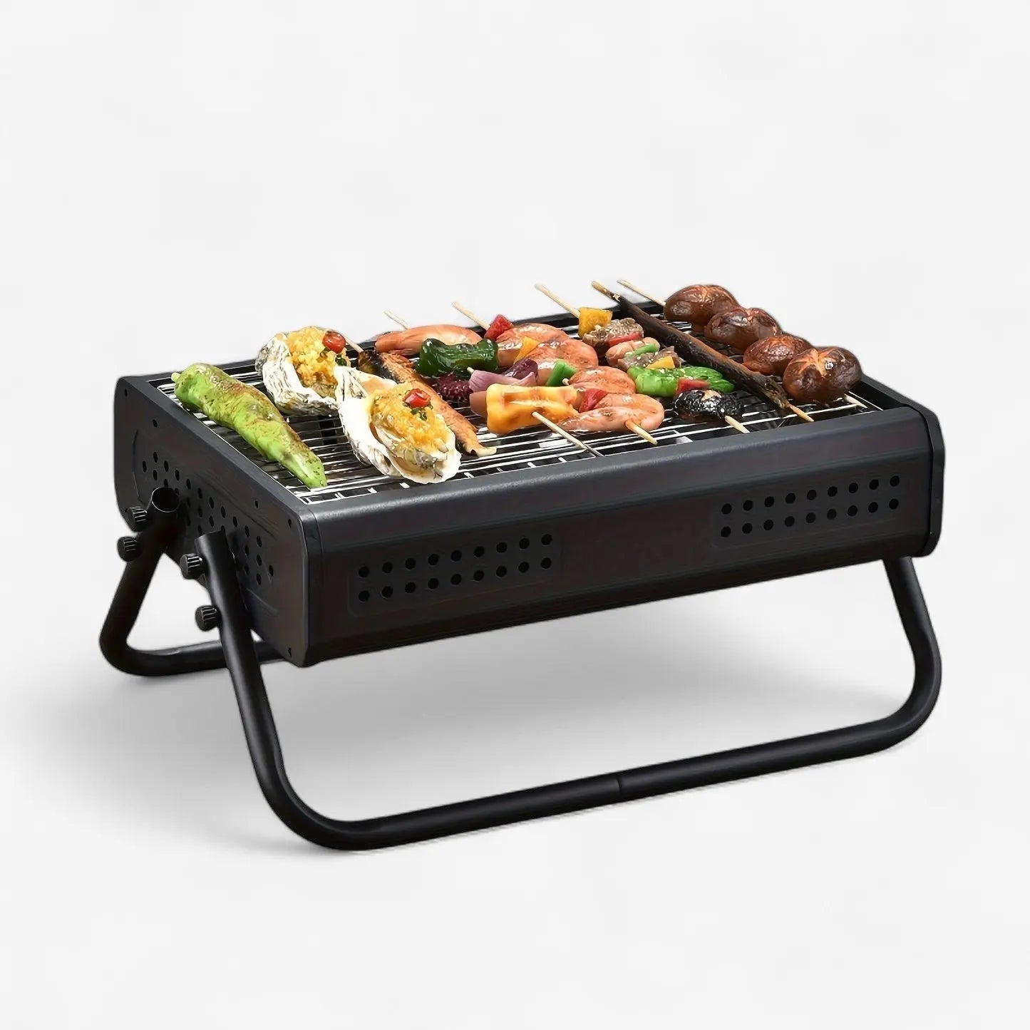 Klappbarer Holzkohlegrill aus Metall mit umklappbaren Griffen