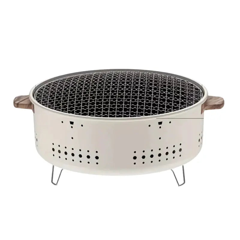 Tragbarer Holzkohlegrill aus Edelstahl mit Holzgriffen