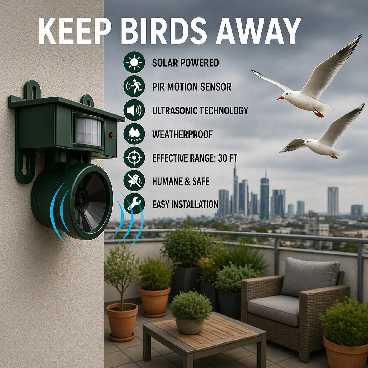 Solar-Vogelabwehr mit PIR-Sensor und Raubvogelrufen