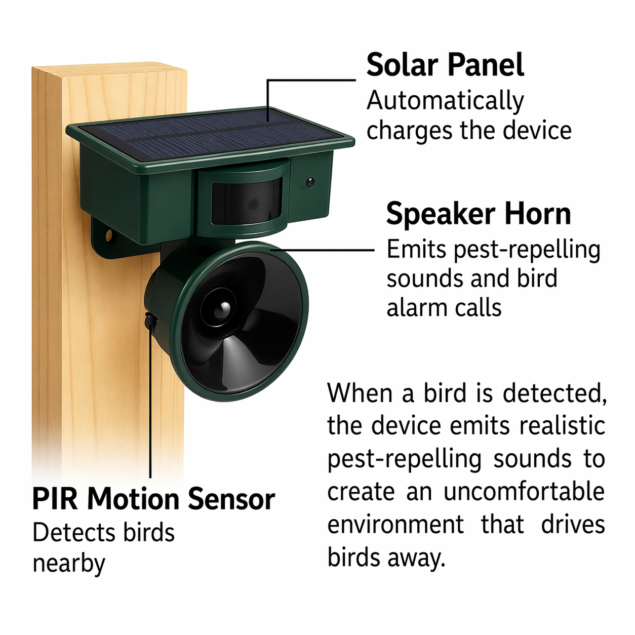 Solar-Vogelabwehr mit PIR-Sensor und Raubvogelrufen