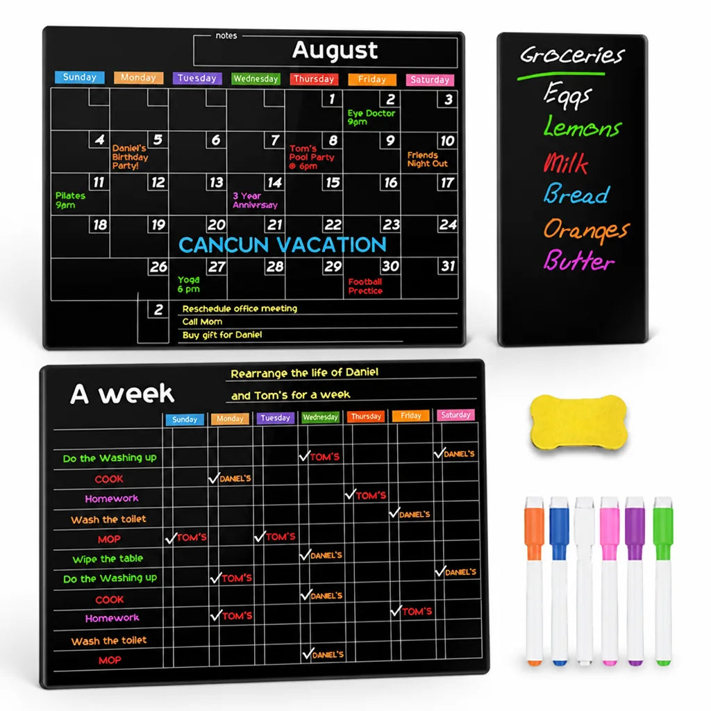 Magnetischer Kühlschrankplaner, Whiteboard-Set mit Monats- und Wochenplaner, Notiztafeln, 6 Markern