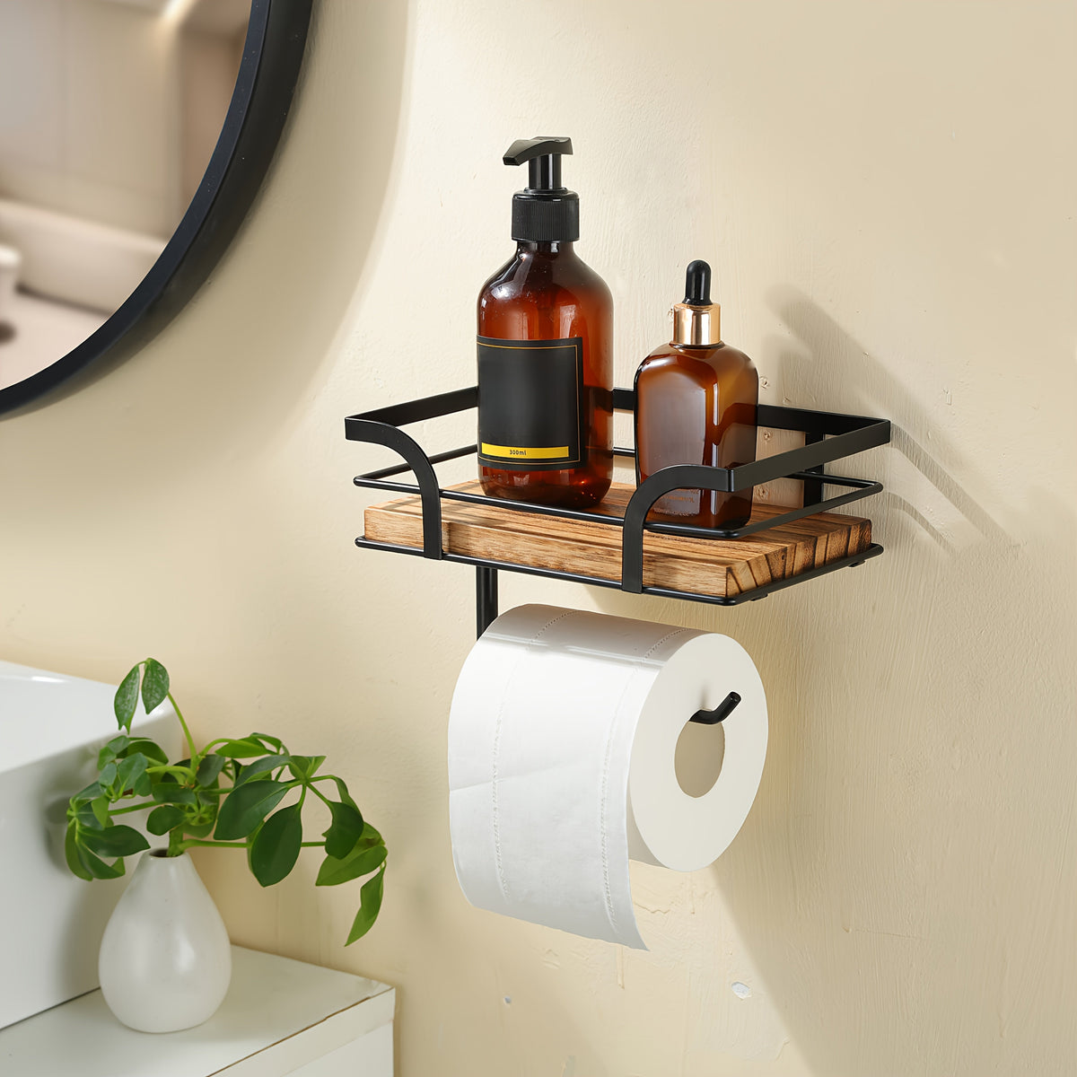 Badregal mit Toilettenpapierhalter – Metall und Holz