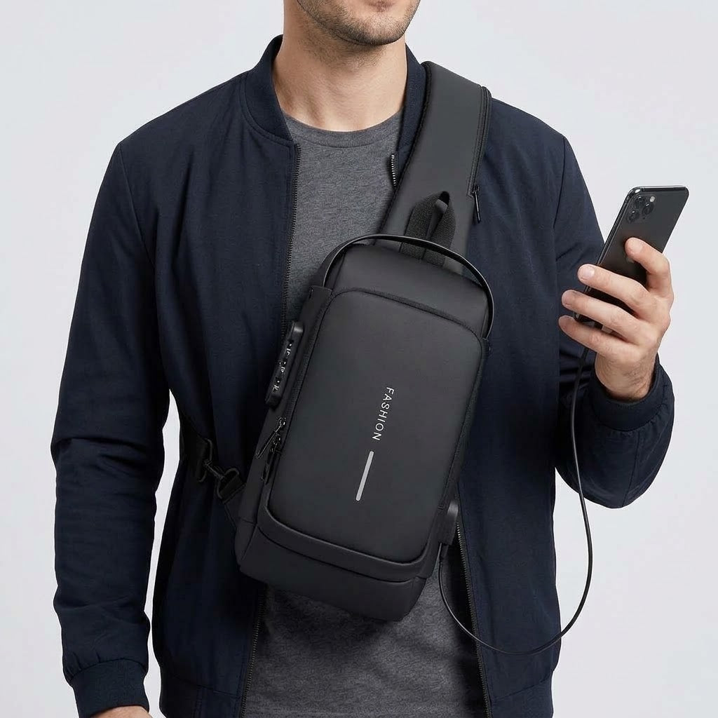 Sling Bag mit USB-Ladeanschluss aus Oxford-Gewebe
