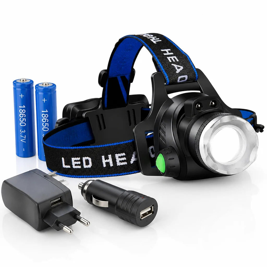 LED-Stirnlampe, wiederaufladbar mit Zoomfunktion, wasserresistent, SOS-Modus, 2 Akkus