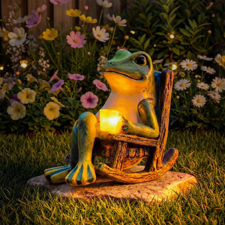 Solar-Gartenfigur Frosch auf Schaukelstuhl mit LED-Beleuchtung