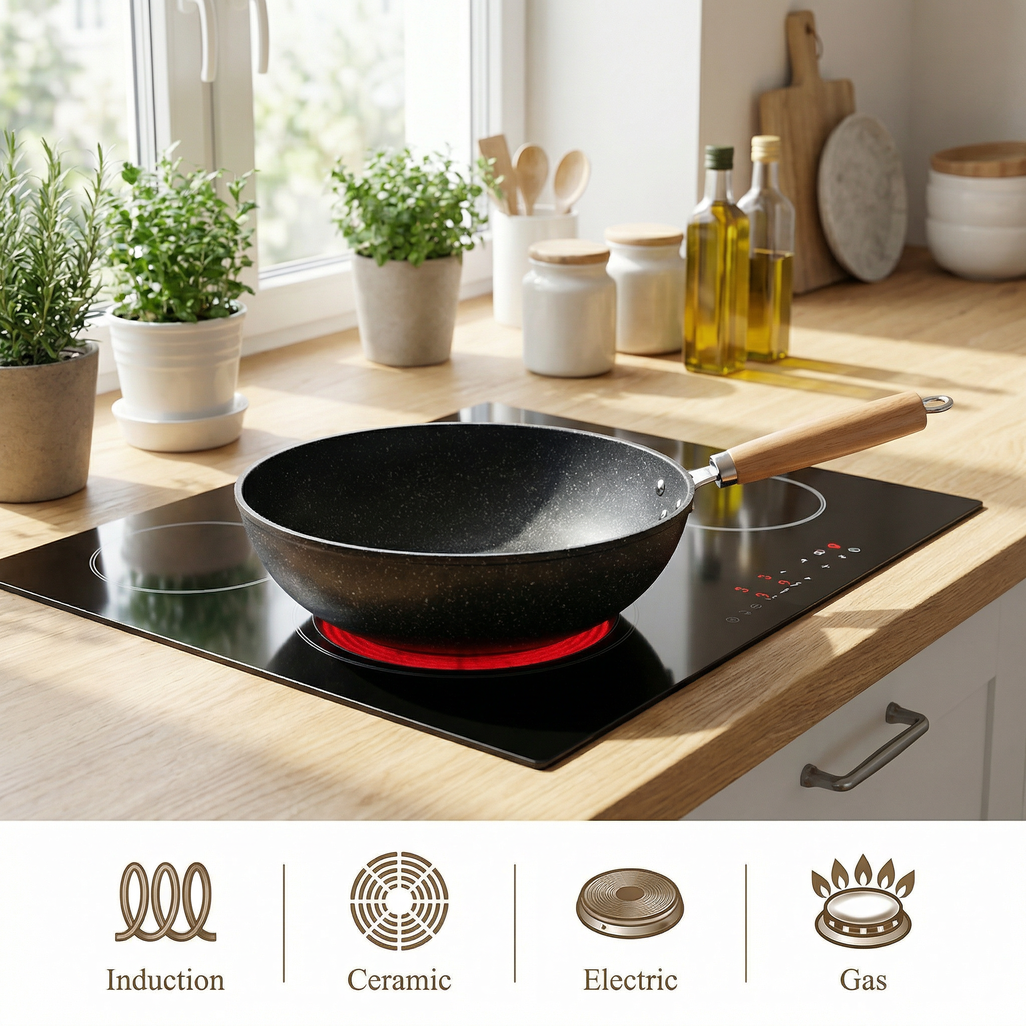 Ceramic Flat Bottom Wok with Steel Lid