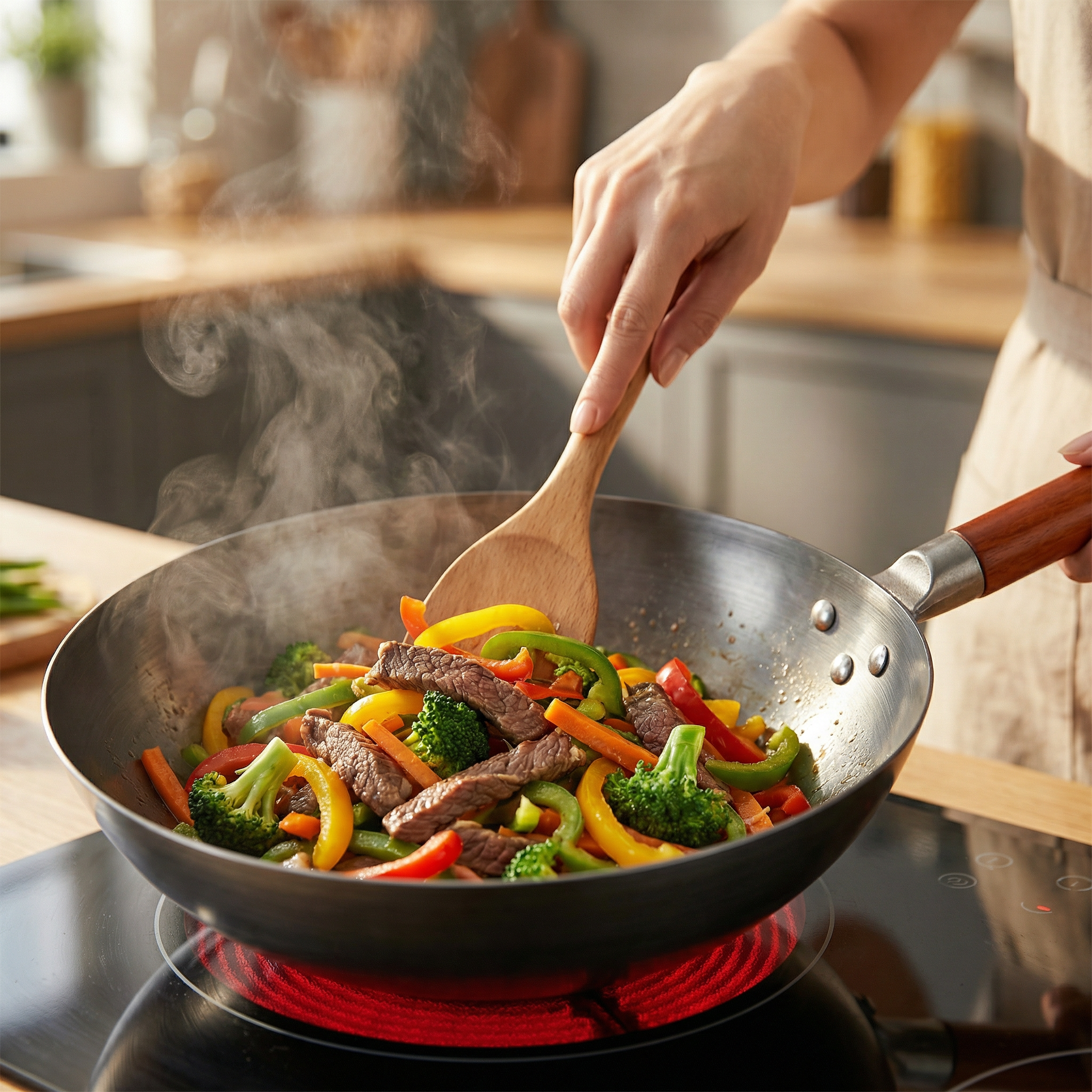 Edelstahl-Wok mit Holzgriff