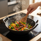 Gusseisen-Wok mit Holzdeckel