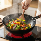 Kohlenstoffstahl Wok mit Holzdeckel – Antihaftbeschichtung