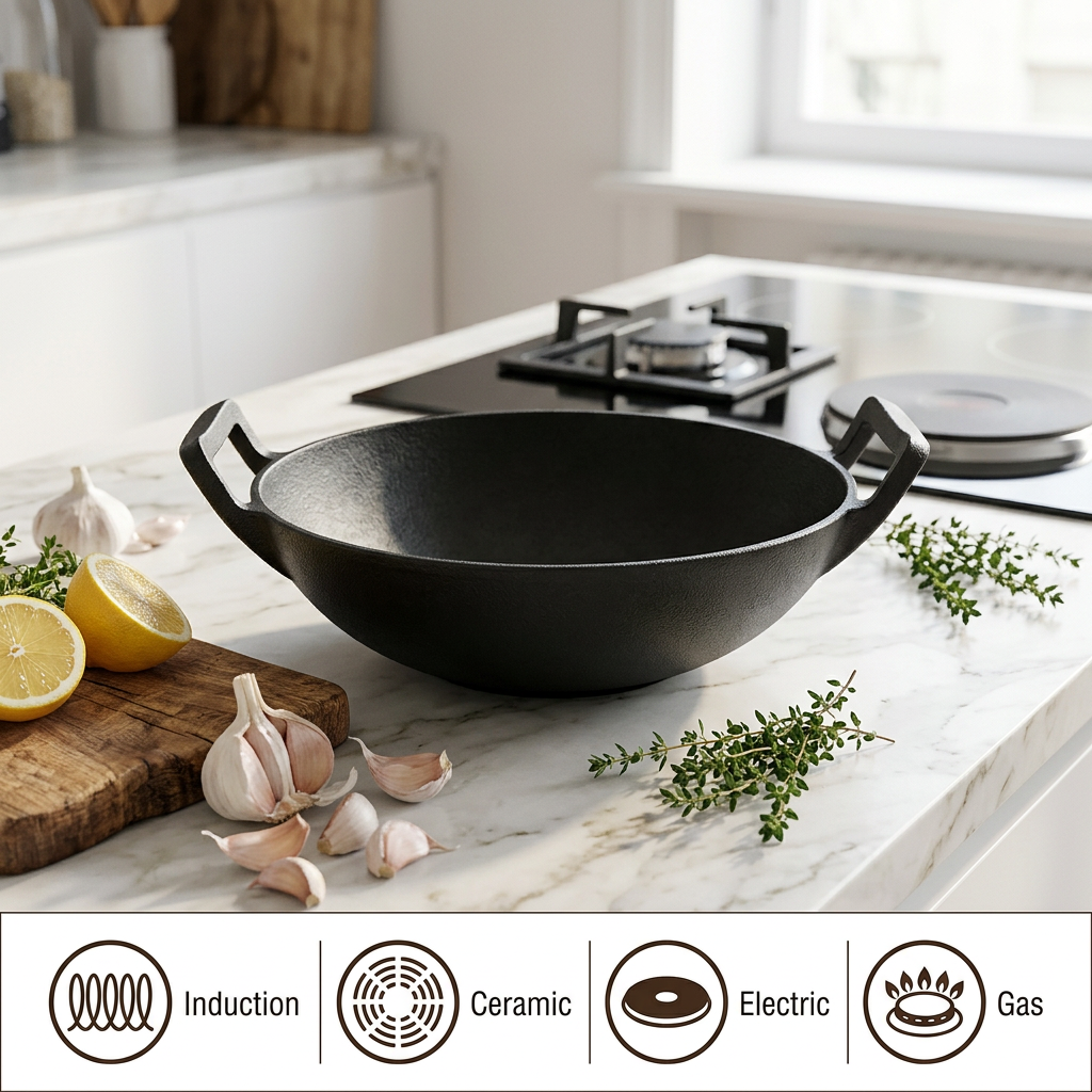 Cast Iron Wok with Wooden Lid