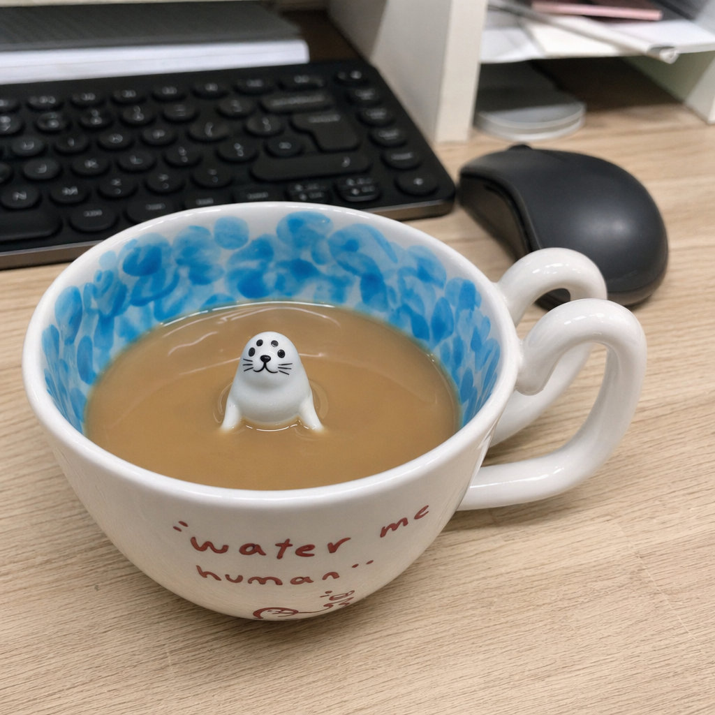 Keramiktasse mit Robben-Figur und Ozeanwellen-Design