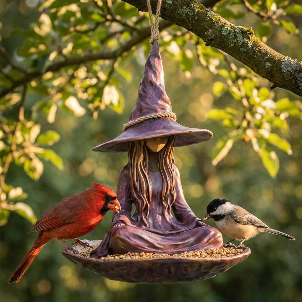 Hexe Vogelfutterstelle – Handbemalte Gartendeko mit Futterschale