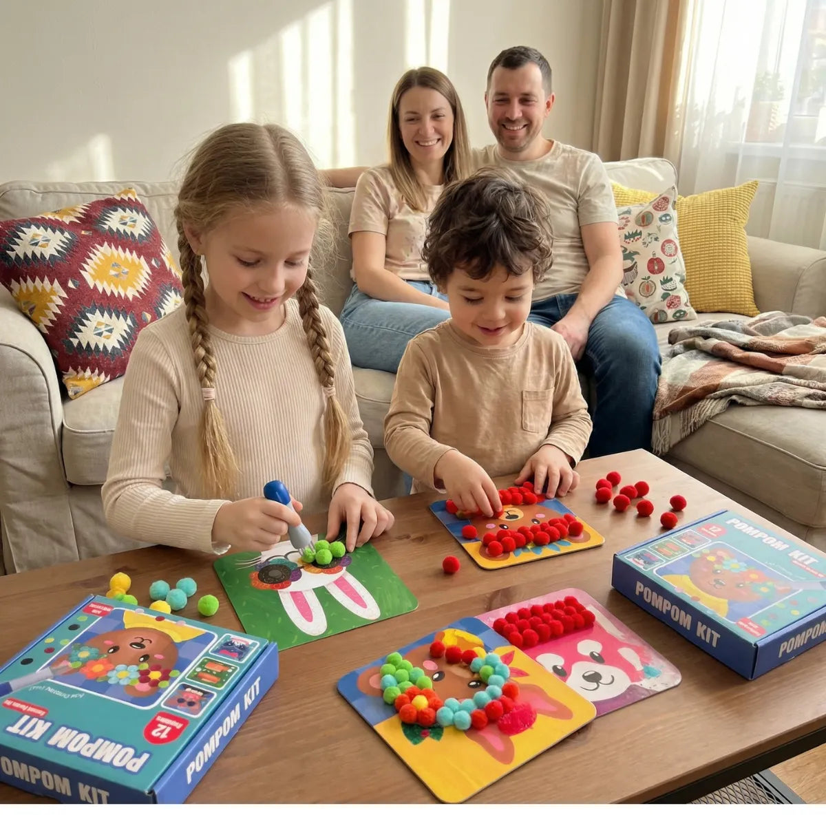 Pom-Pom Bastelset mit 12 Tiermotiven und 600 Pompons