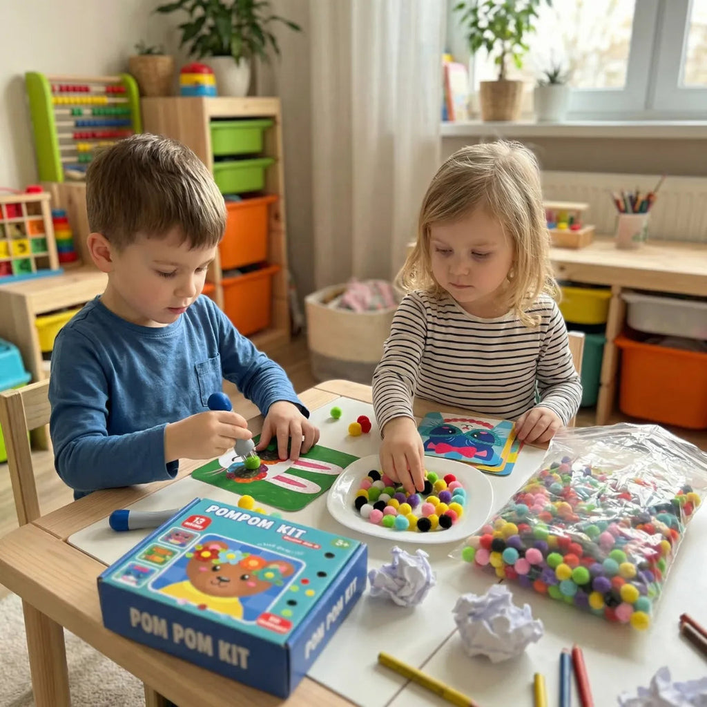 Pom-Pom Bastelset mit 12 Tiermotiven und 600 Pompons