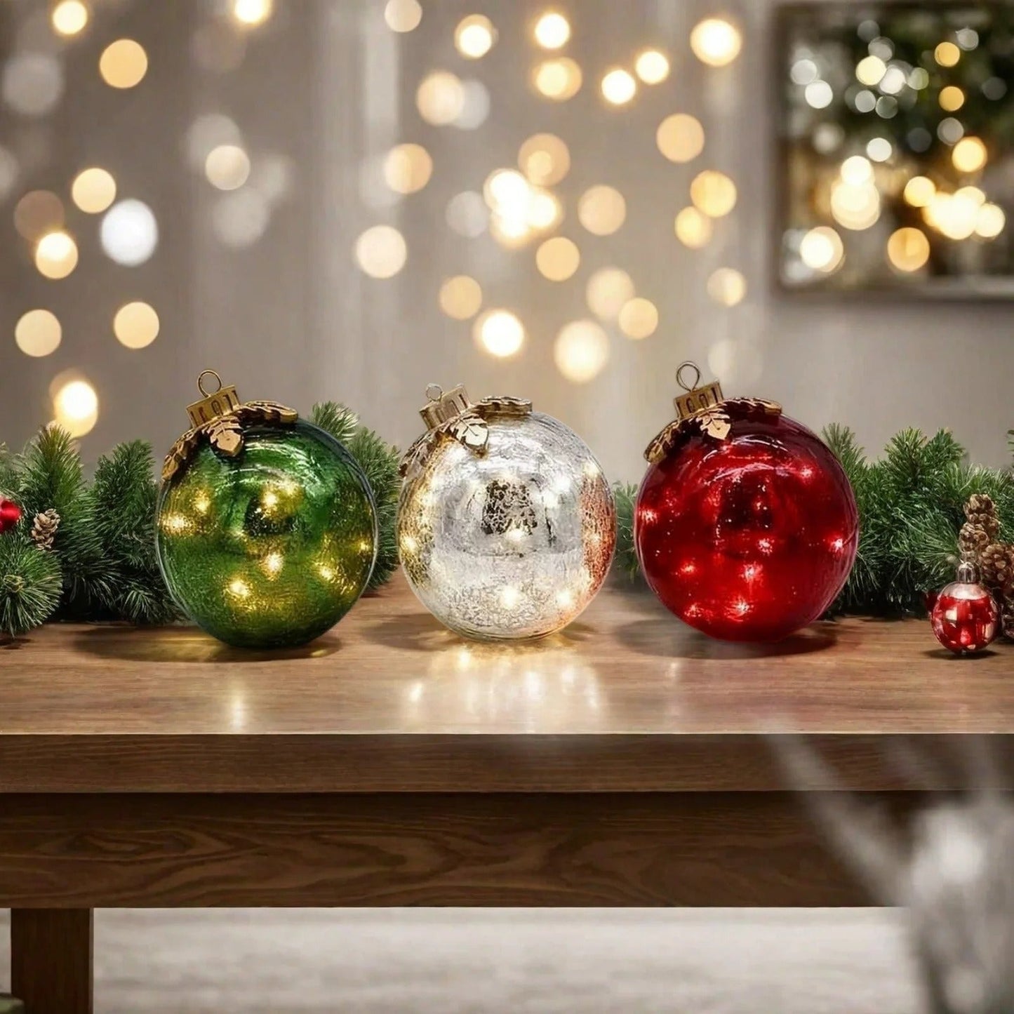 Glas-Tischornamente Weihnachten | 3er Set mit warmweißem LED-Licht