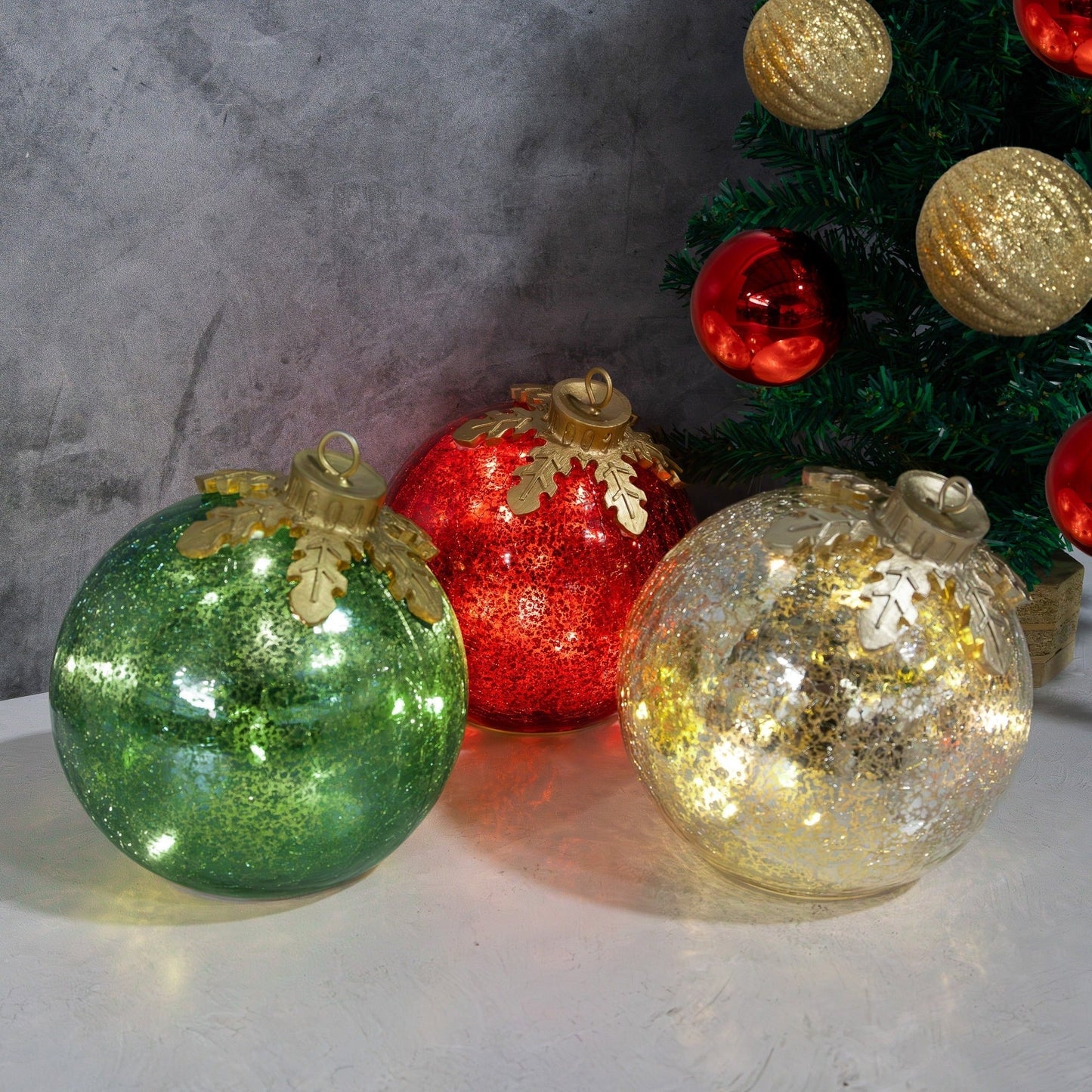 Glas-Tischornamente Weihnachten | 3er Set mit warmweißem LED-Licht