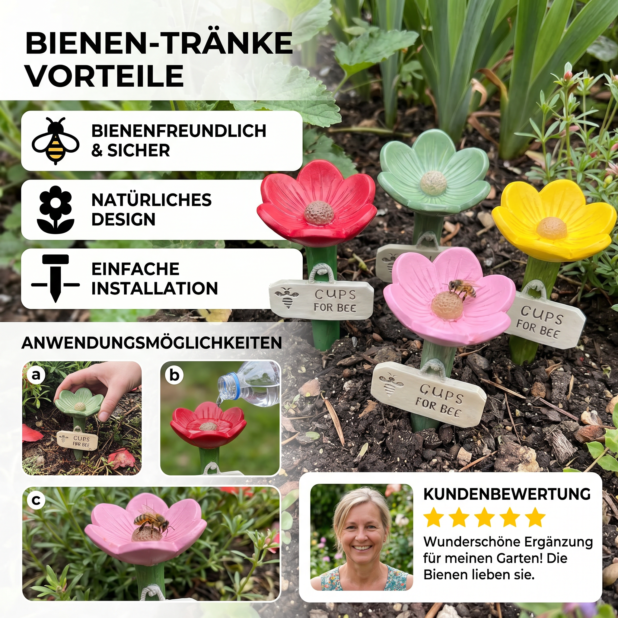 Blumenförmige Bienen-Tränke mit bunten Farben