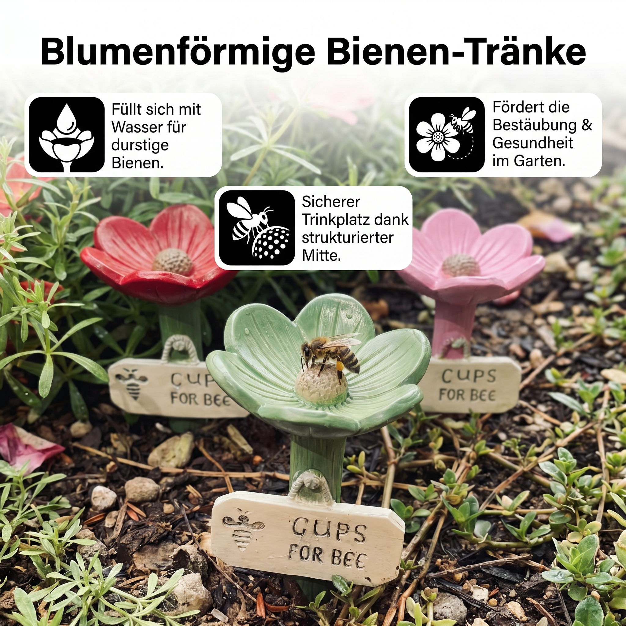Blumenförmige Bienen-Tränke mit bunten Farben