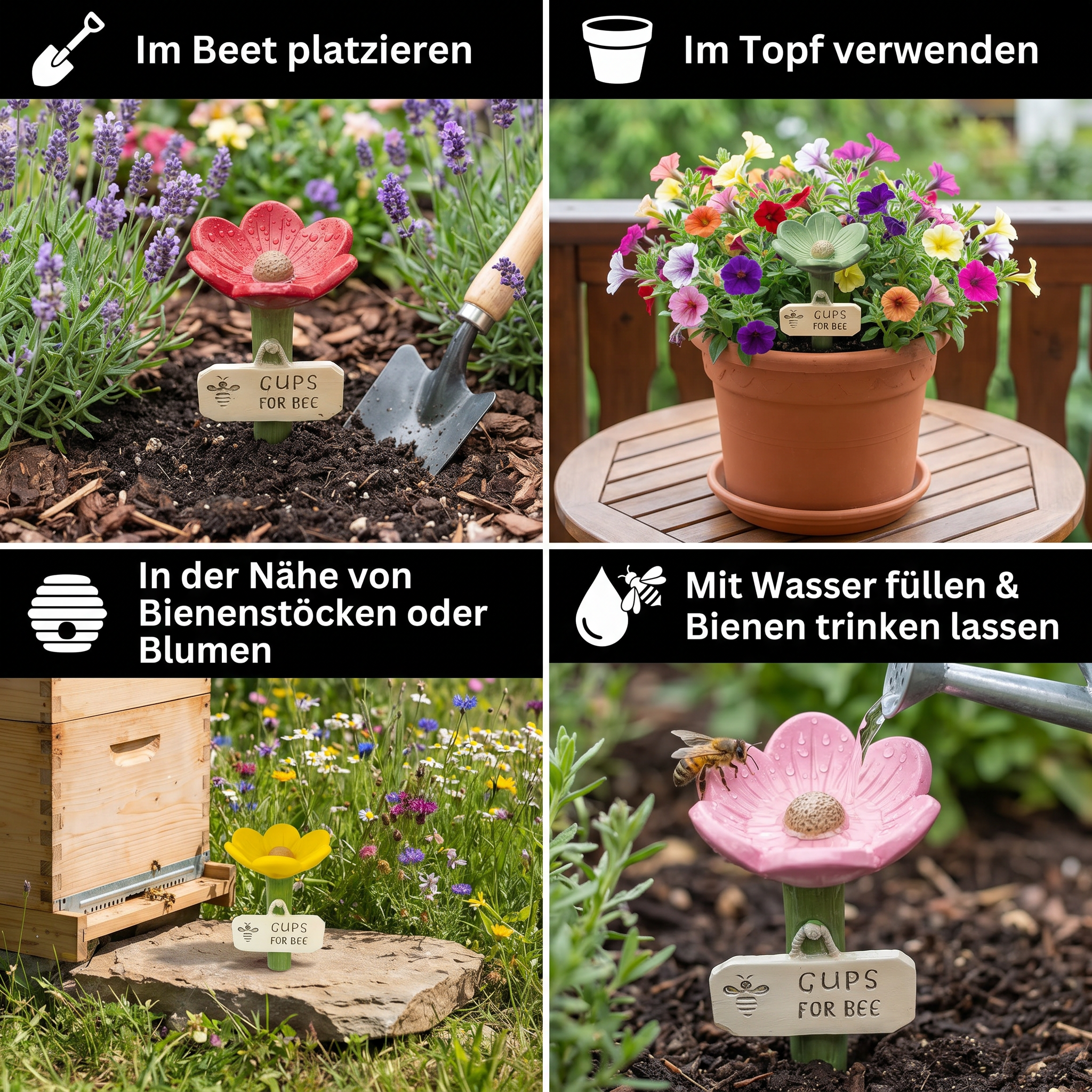 Blumenförmige Bienen-Tränke mit bunten Farben