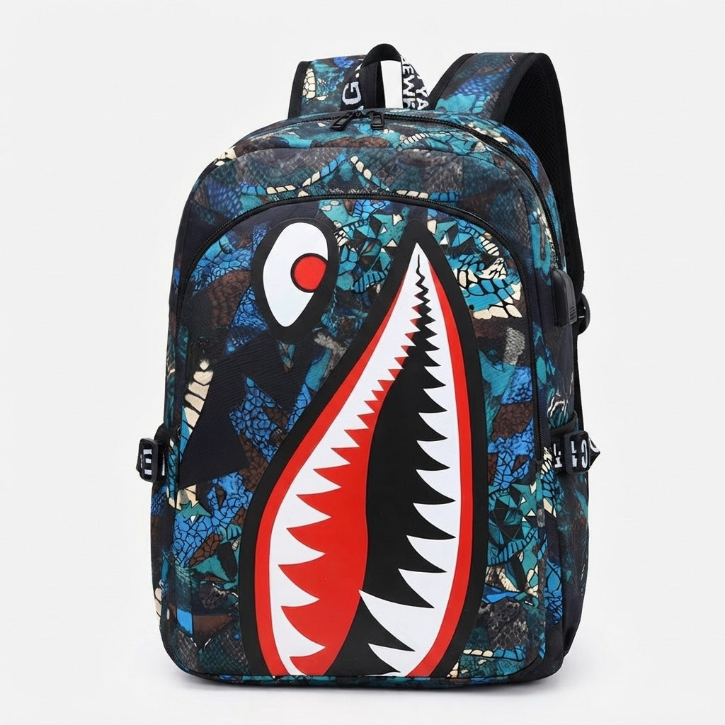 Kinder-Rucksack mit Hai-Motiv und USB-Anschluss