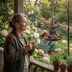 Hexe Vogelfutterstelle – Handbemalte Gartendeko mit Futterschale