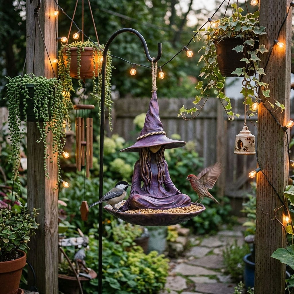 Hexe Vogelfutterstelle – Handbemalte Gartendeko mit Futterschale