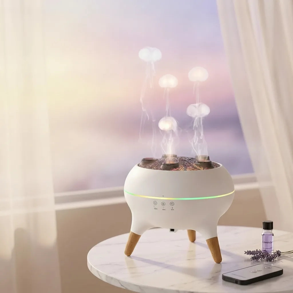 Aroma-Diffuser mit Quallen-Nebeleffekt und Holzfüssen
