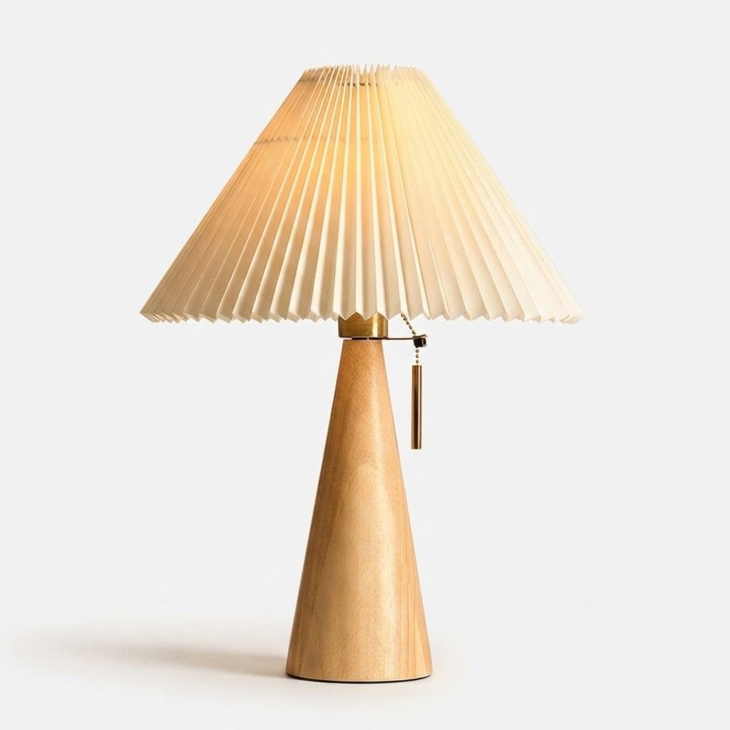Tischlampe mit Falten-Lampenschirm und Holzfuss